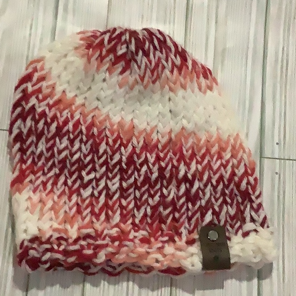 Handmade knitted red multicolored winter hat